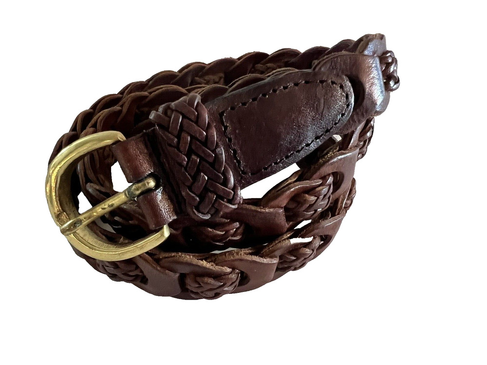 Vintage AMIEE LYNN Brown Genuine Leather Weaved Woven Belt Brass Gold Buckle S/M